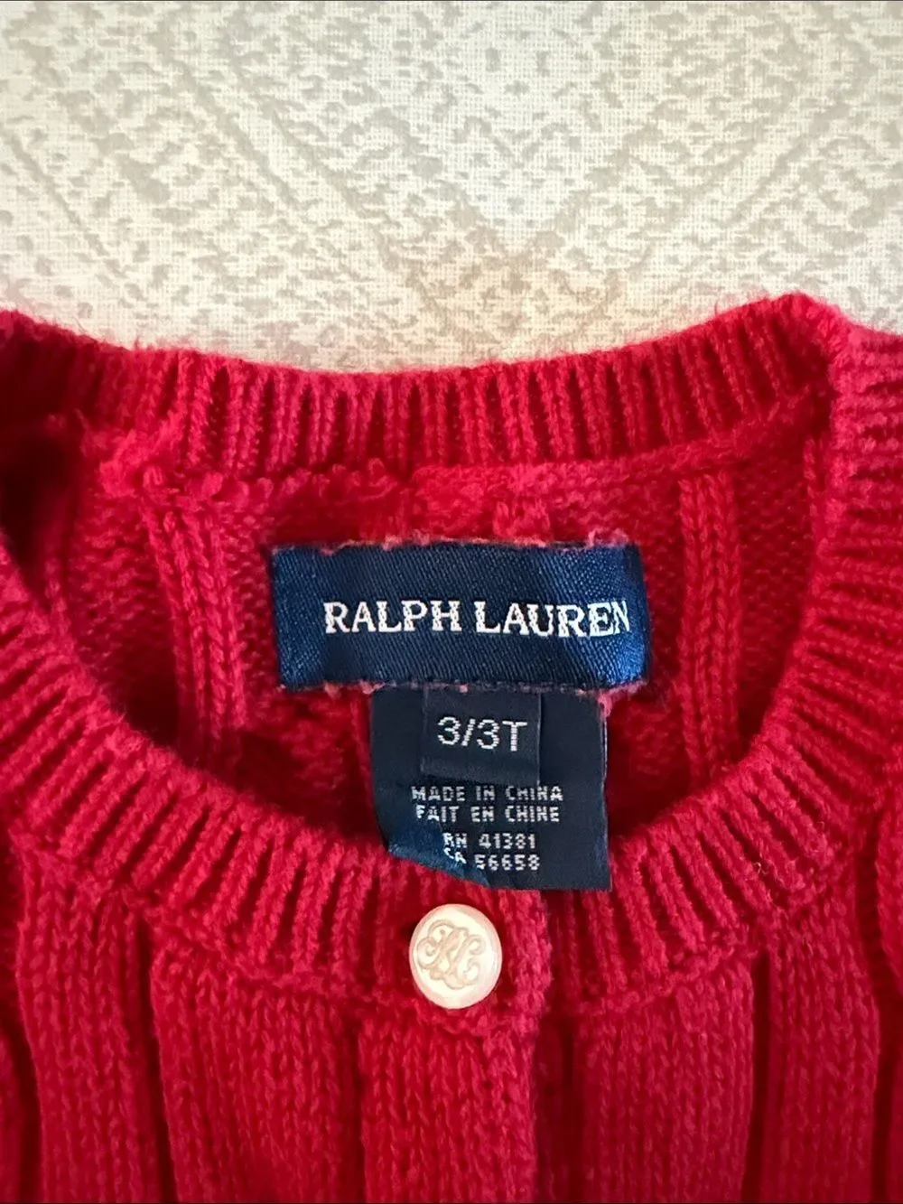 Ralph Lauren Girls Red Cable Knit Peplum Cardigan 3T Cotton Pony Sweater